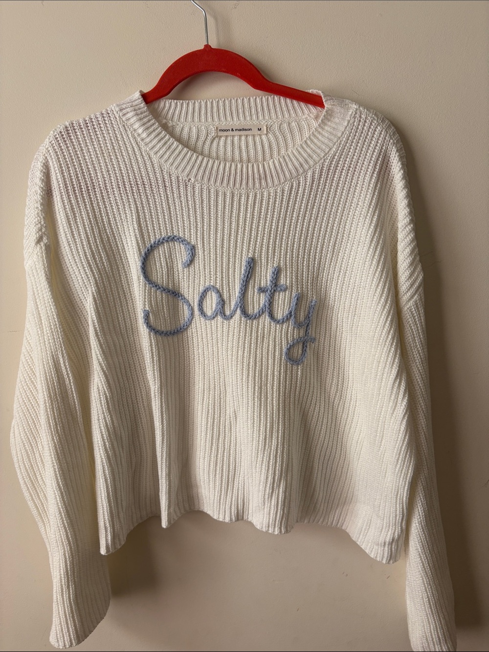 moon & madison White Crewneck Sweater with Blue 'Salty' Script